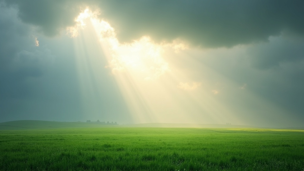Ray of light through clouds over a field
