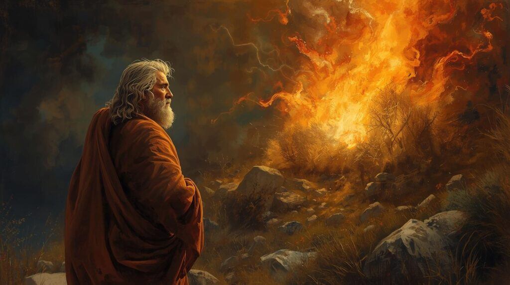 Moses in front of the burning bush